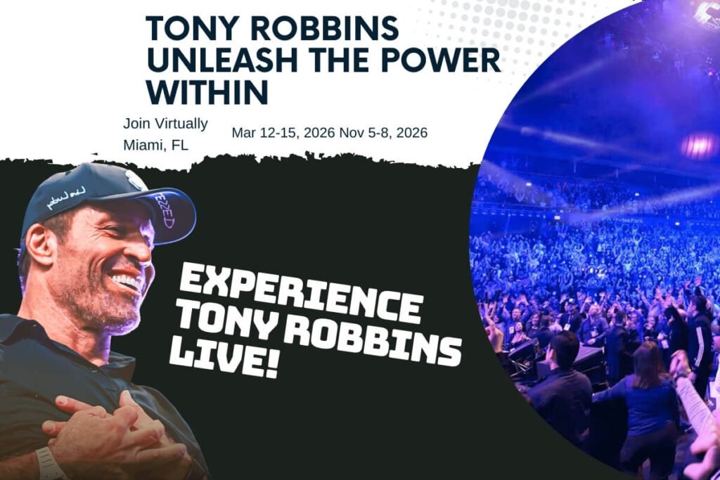 unleash the power within Promotional banner for an event titled ‘Tony Robbins Unleash the Power Within.’ The design shows a smiling speaker on the left and a large energized crowd on the right under blue stage lights.
