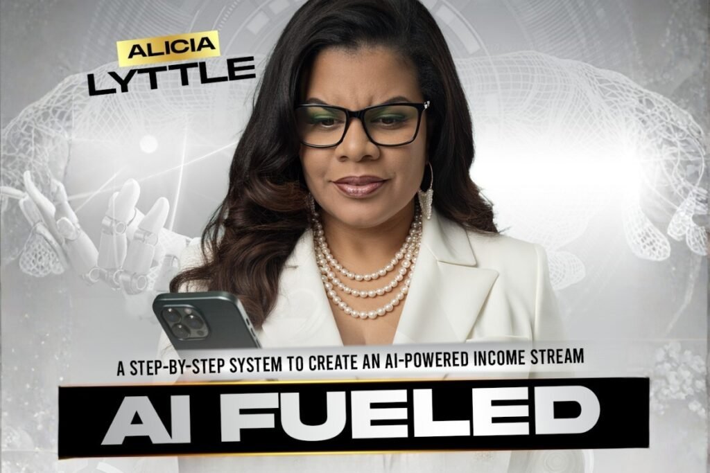 Professional woman wearing glasses and a white blazer, looking at a smartphone, with futuristic AI and robotic hand graphics in the background. Promotional image featuring the text “AI Fueled” and “A step-by-step system to create an AI-powered income stream.