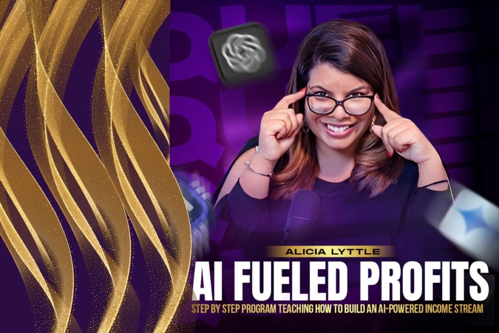 AI Fueled Profits 2 Smiling professional woman wearing glasses and speaking into a microphone, pointing to her temples, with a purple futuristic background and abstract gold design elements. Promotional image displaying the text “AI Fueled Profits” and “Step by step program teaching how to build an AI-powered income stream.