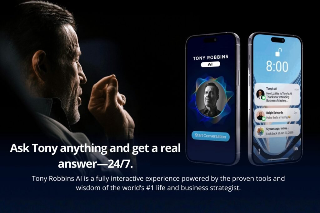 Tony Robbins stands in a dark room, gesturing thoughtfully as two smartphones display an AI chat interface called “AI,” showing a digital portrait and notifications; the promotional text highlights the ability to ask questions and receive answers 24 hours a day, 7 days a week.